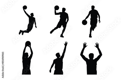 Action basketball player silhouettes for sports tournament graphics