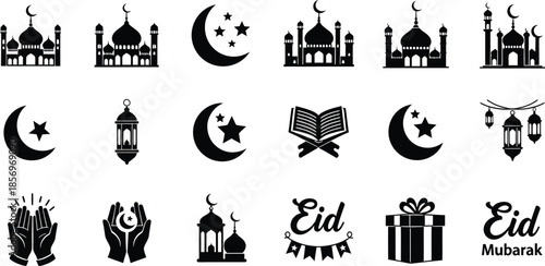 Islamic Holy Month Elements with Quran Book, Mosques, Eid Mubarak Text, and Festive Gift Icons