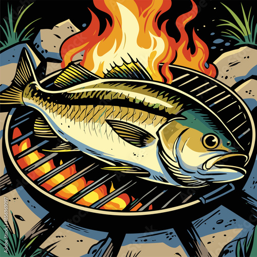 vector image of grilled fish cooked on a campfire