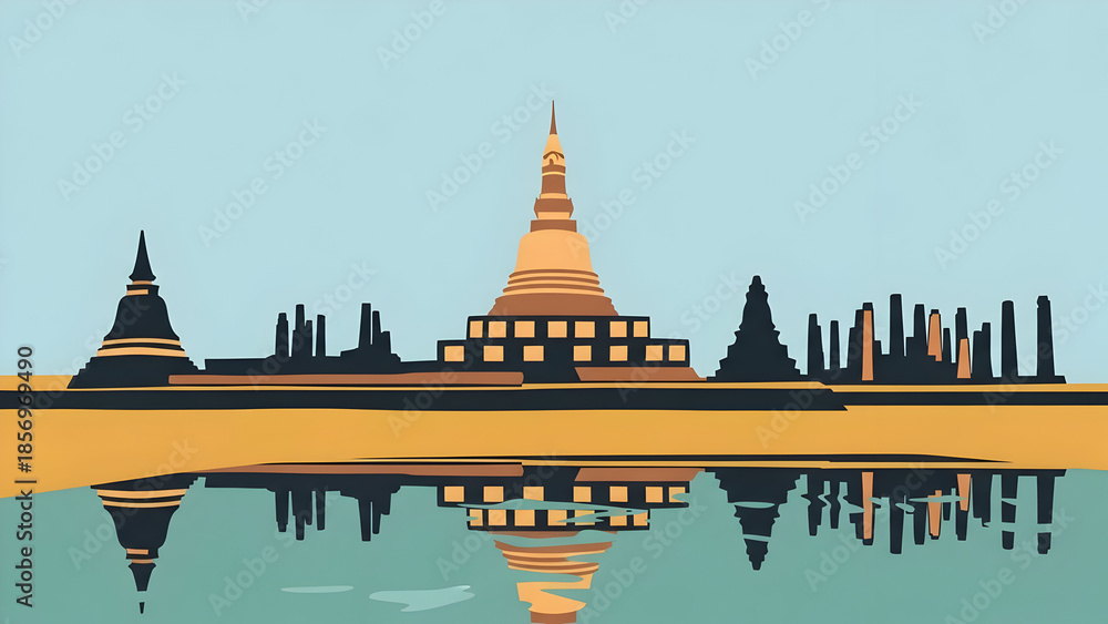 Obraz premium Traditional temple architecture reflecting on calm water surface