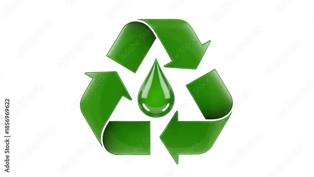 Obraz premium Green recycle symbol with water drop isolated PNG, environmental conservation and sustainable resource management concept on transparent background