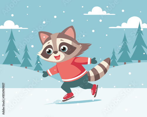 Cute raccoon in sweater ice skating in a snowy winter landscape. Holiday card illustration.