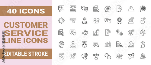 Customer Service and Customer Support Line Icon Set. Set of 40 outline icons including help desk, customer care, support, contact symbols.
