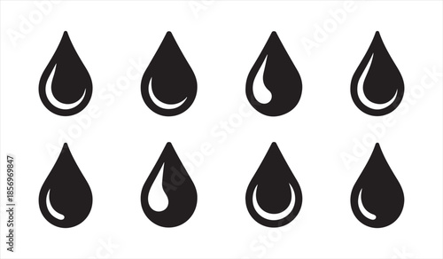 Water droplet silhouette collection with glossy highlight effects in black icons