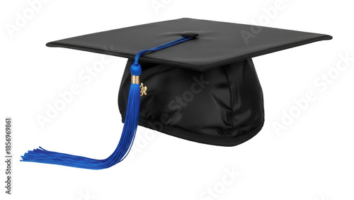 Obraz na płótnie Black graduation cap with blue tassel isolated PNG, academic mortarboard for gra