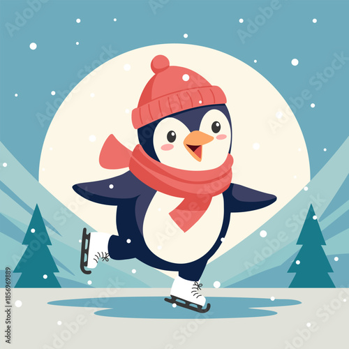 Cute penguin skates on ice in a snowy winter fairytale landscape. Holiday card illustration. 