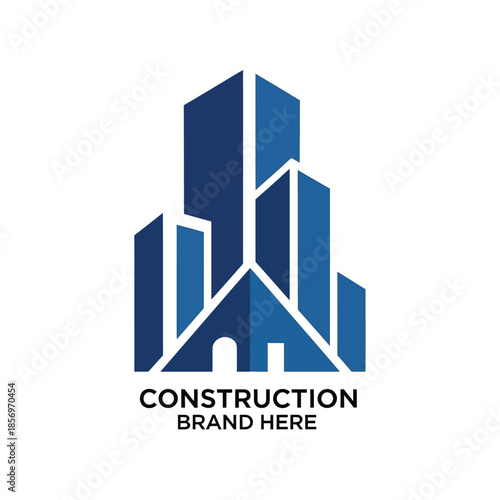 Blue abstract city buildings logo for a construction brand identity