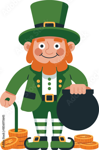 Cheerful leprechaun with pot of gold isolated on white background, Vector, illustration