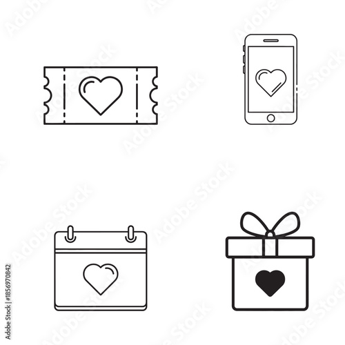 Valentine Outline Vector Illustration — Love Ticket, Phone Message, Heart Calendar and Gift Box Icons Set