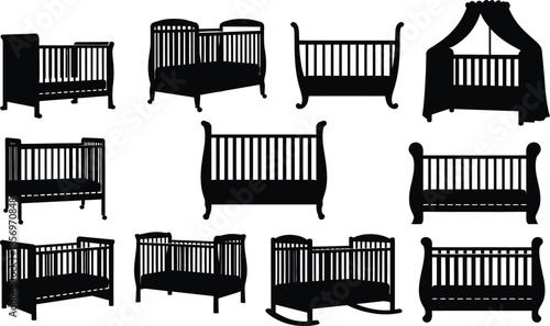 Collection of various baby crib silhouettes in different styles and designs