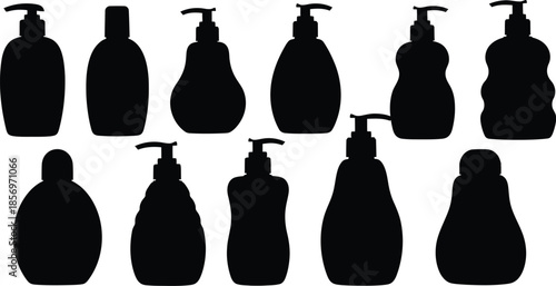 Silhouettes of various soap and lotion bottles on white background