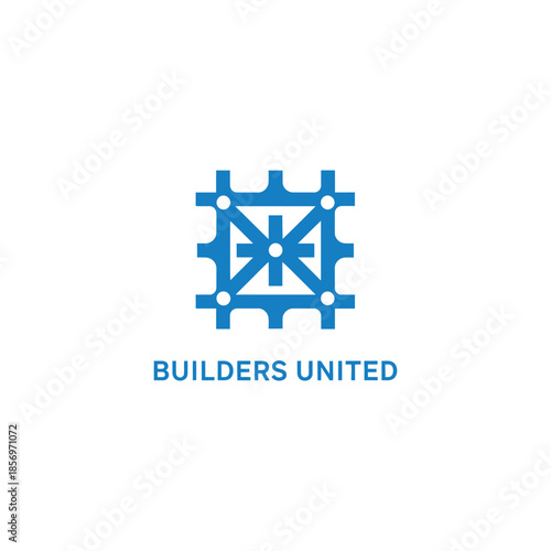 Stylized blue scaffolding grid logo with central element for builders united