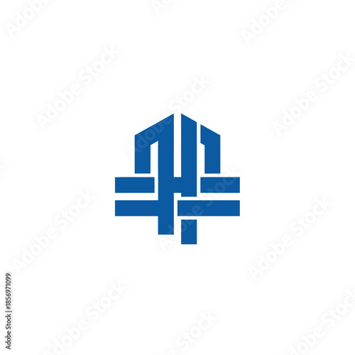 Abstract blue construction logo with interconnected lines forming a house