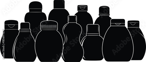 Collection of black silhouettes of various bottles and containers
