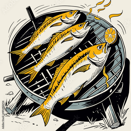 vector image of grilled fish cooked on a campfire
