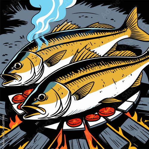 vector image of grilled fish cooked on a campfire