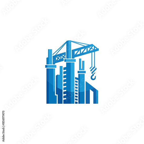 Industrial construction logo design with blue crane and city buildings icon
