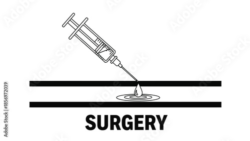 A syringe poised above a liquid drop with the word surgery prominently displayed below