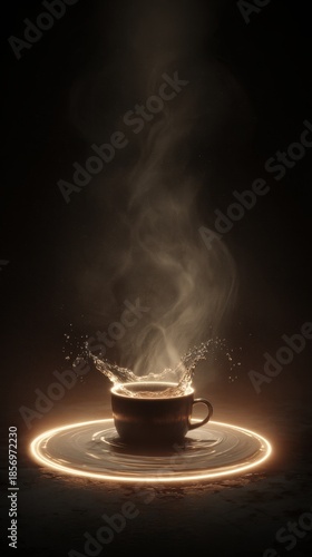 Vibrant photo of Hot beverage splashing in a cup on a glowing ring with steam in a dark, warm setting