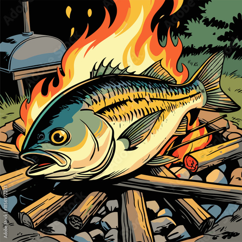 vector image of grilled fish cooked on a campfire
