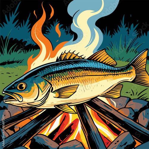 vector image of grilled fish cooked on a campfire