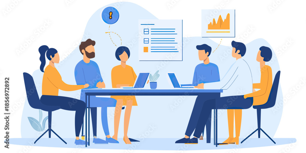 Obraz premium Business team collaboration meeting in modern office with diverse professionals discussing data charts and laptops in flat vector style illustration