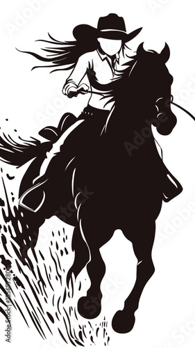 Silhouette female cowgirl riding galloping horse with flowing hair and western hat flat minimalist vector design action scene