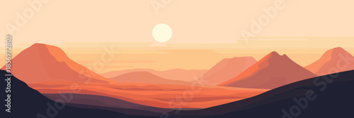 sunrise desert landscape with layered orange mountains flat minimalistic vector illustration isolated scenic view of arid nature and sun horizon background