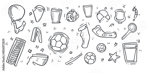 Hand drawn doodle soccer elements collection including goal net, soccer balls, whistle, cleats, socks, trophies, and sports accessories black line sketch vector illustration in minimalist style