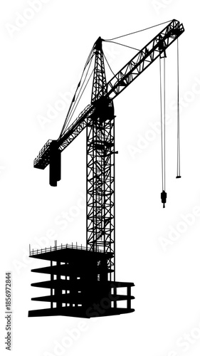 Black and white silhouette of tower crane lifting materials on construction site with unfinished multi-story building in flat minimalist vector style