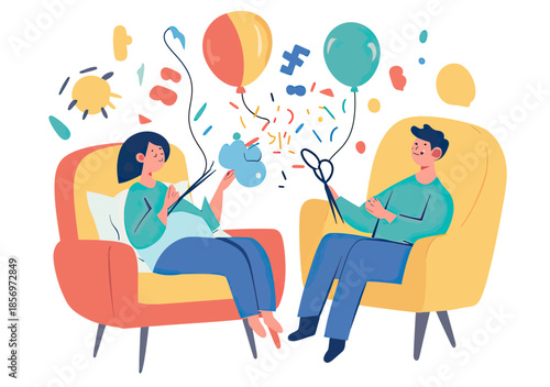 Psychologist cutting chaotic tangled balloon with scissors while patient holds balloon in calming therapy session flat vector illustration