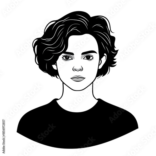 Black and white vector portrait of young woman with wavy short hair serious expression minimalist flat style illustration for avatar or profile concept design with neutral look