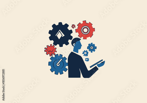 Businessman with tablet and multi-colored cog wheels representing process management productivity development and efficiency concept flat vector illustration