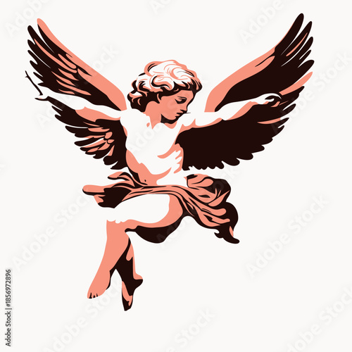 Classical cherub angel with large wings flying and flowing cloth detailed vintage vector illustration on white background