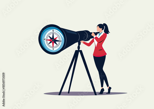 Businesswoman looking through large telescope with compass lens symbolizing leadership vision direction and strategic planning in flat vector style