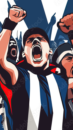 Vector illustration of football fans shouting and cheering passionately with raised fists and scarves in stadium crowd atmosphere