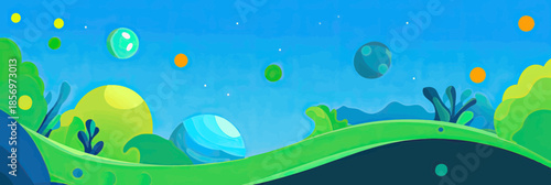 Colorful cartoon alien planet landscape with rolling green hills and floating planets in bright blue sky vector background design