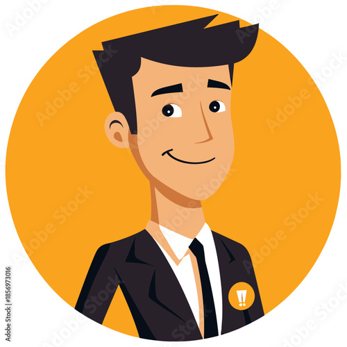 Smiling young businessman wearing black suit and tie with short hair in flat minimalist vector style on orange background circle avatar