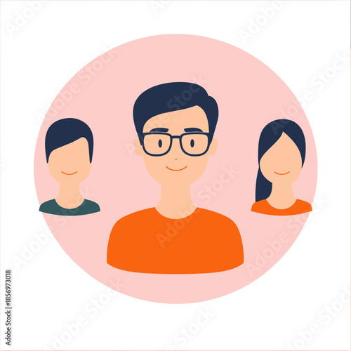 Flat minimalist vector illustration of diverse three person avatars with male central figure wearing glasses and two smaller side profiles in circular pink background