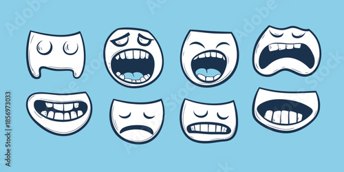 Set of eight cartoon hand drawn mouth expressions including happy sad worried funny grimace and open laughing lips in minimalist flat vector style
