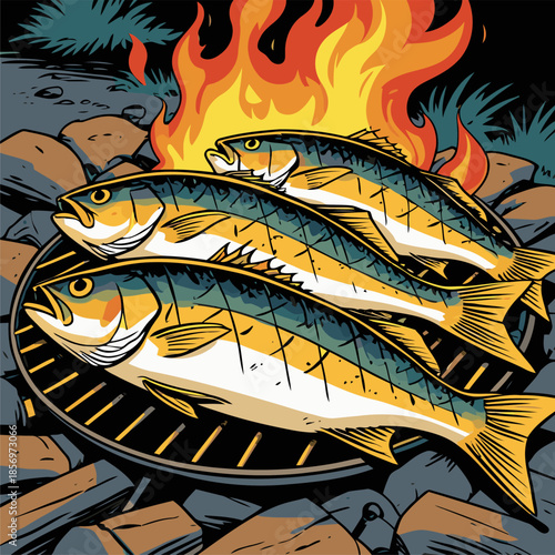 vector image of grilled fish cooked on a campfire