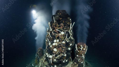 Underwater hydrothermal vent with billowing steam in the deep sea environment