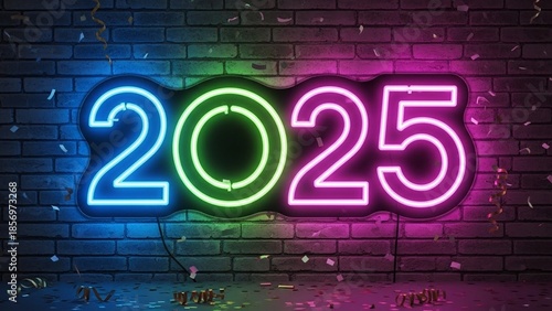Neon 2025 Sign on Brick Wall with Confetti