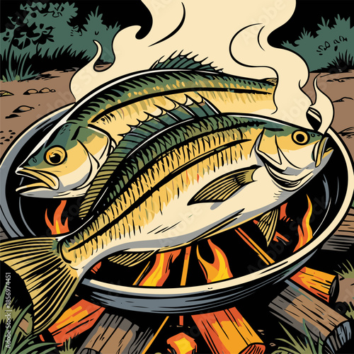 vector image of grilled fish cooked on a campfire
