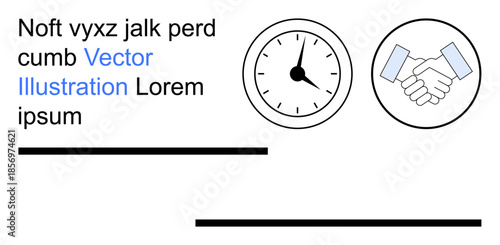 Time management, teamwork, collaboration, business agreements, partnerships, efficiency. A clock and handshake symbols displayed with text. Time management and teamwork concept
