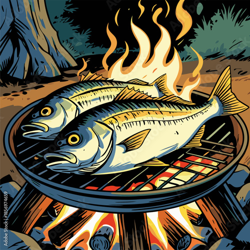vector image of grilled fish cooked on a campfire