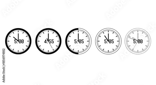 A series of analog clock faces showing different times.