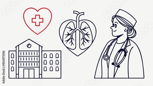 “Healthcare medical icon set, hospital, doctor, heart, lungs, minimal outline SVG, Adobe Stock ready”