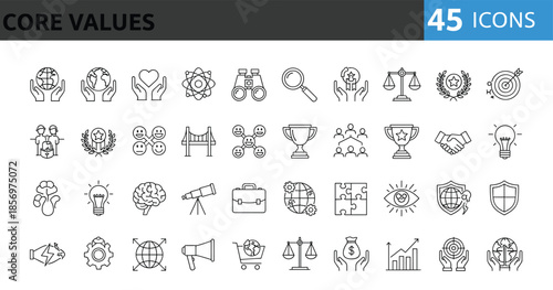 Core values line icons set featuring ethics, teamwork, leadership, trust, innovation, responsibility, diversity, integrity, and business culture symbols