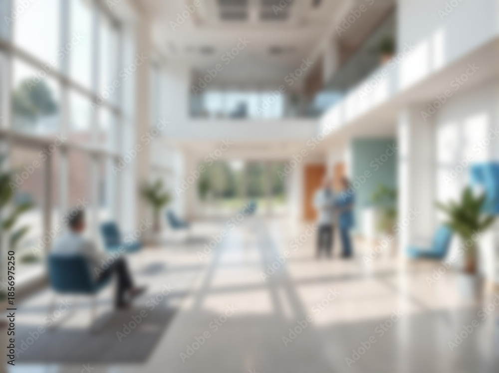 Fototapeta premium Blurred medical interior background for web header, banner or poster. Features a modern clinic foyer with daylight, Gaussian blur and blurry bokeh for a professional healthcare business design